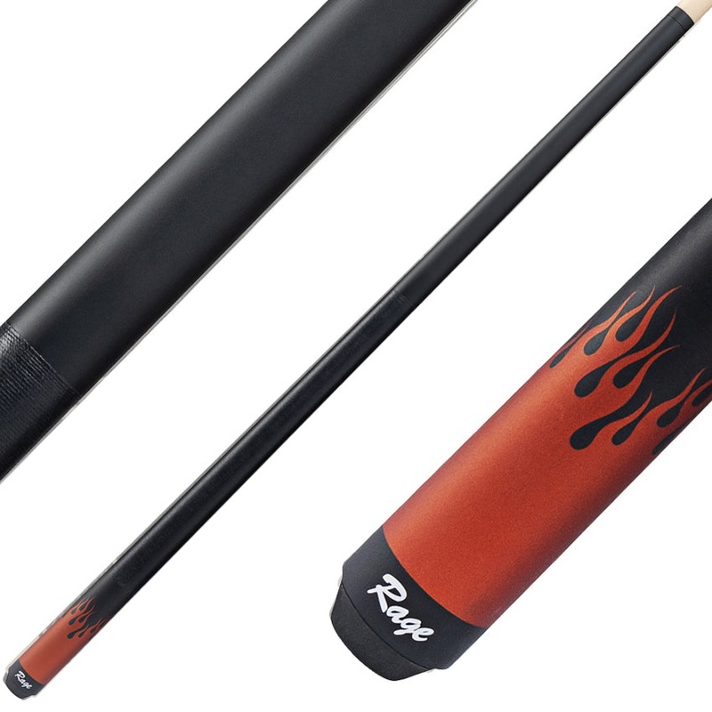 Rage RG52 Pool Cue with Black Linen Wrap – Matte Black Forearm and Orange Flames