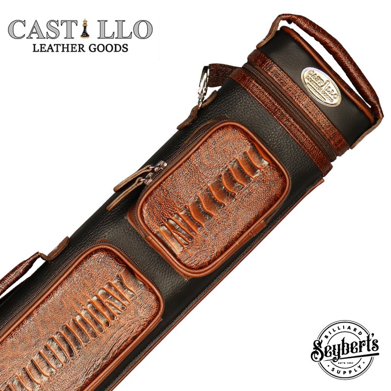 Castillo Black Leather with Cognac Ostrich Leg Accent 2×4 Hard Leather Pool Cue Case – CLG24BKCGOS