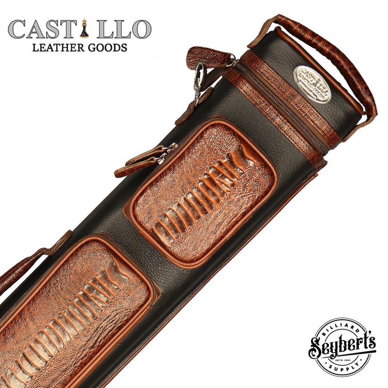 Castillo Black Leather with Cognac Ostrich Leg Accent 3×5 Hard Leather Pool Cue Case – CLG35BKCGOS