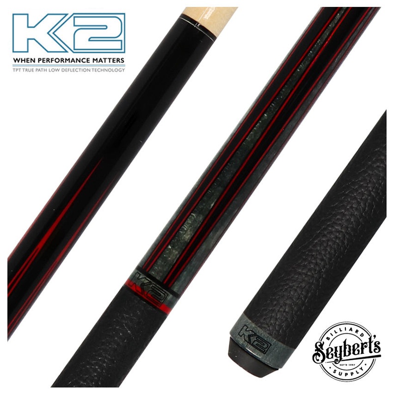 K2 Black Painted Maple and Gray/Red Points Graphic Leather Wrap Pool Cue with 11.75mm LD Shaft – KLLE2W