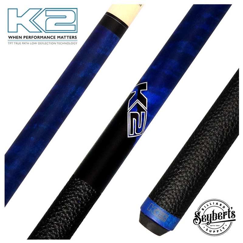 K2 Matte Blue-Stained Maple Play Cue with Leather Wrap and 11.75mm LD Shaft – KLCBL
