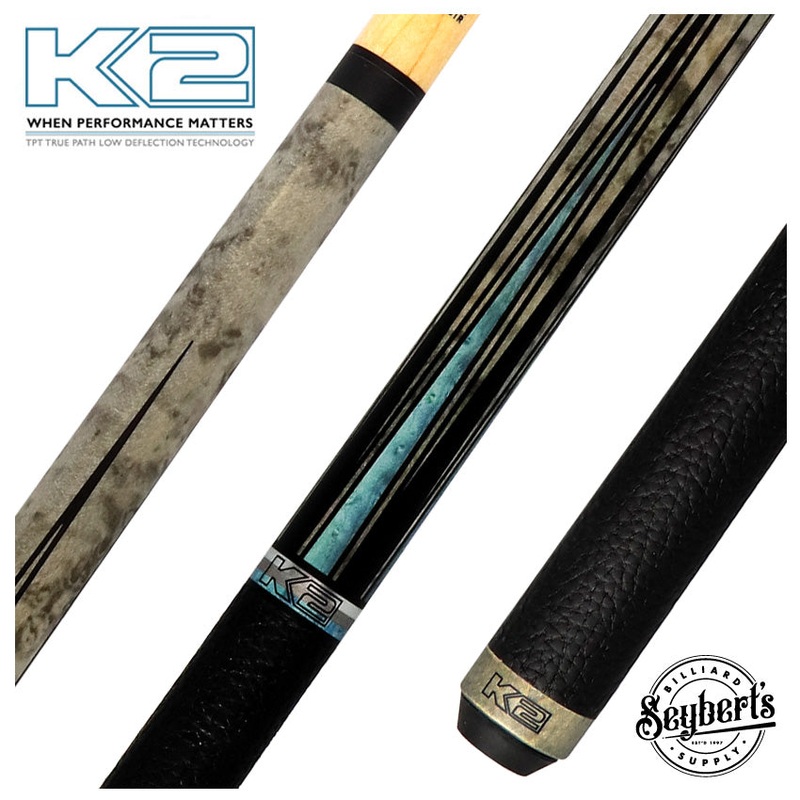 K2 Matte Gray-Stained Maple and Blue Points Leather Wrap Pool Cue with 11.75 LD Shaft – KLLE1W