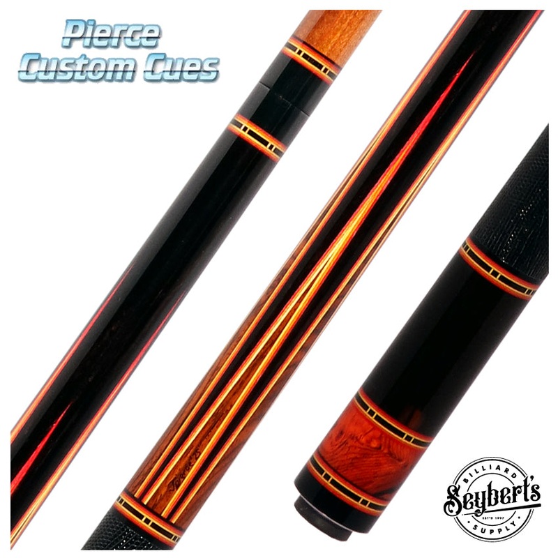 Jim Pierce Custom Cues – Gabon Ebony Forearm with 6 Mexican Cocobolo Points and Black Lizard Leather Wrap  – 2 Keilwood  Shafts