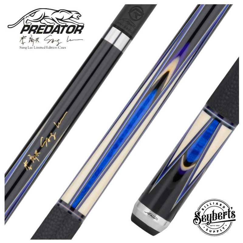 Predator Sang Lee 2-3 Black with Blue / Maple / Black / Purple / Ivorine Butterfly Points Limited Edition Pool Cue – Radial with Luxe Leather Wrap