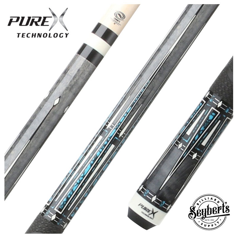Pure X Gray-Stained Curly Maple and Blue Recon Graphic Pool Cue with MZ Sportgrip Wrap