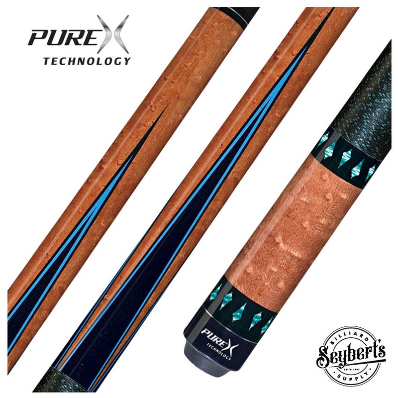 PureX Technology Pool Cue – Antique Stained Birdseye Maple with Teal Inlays and Black Overlay – HXT30