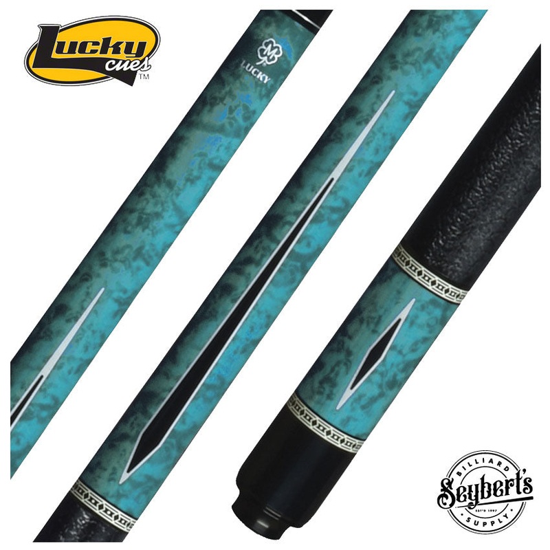 Lucky Blue Burl with Black Points Graphic Pool Cue with Leatherette Wrap – L55
