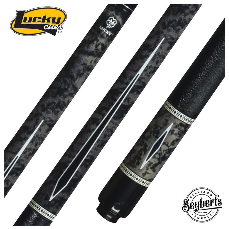 Lucky Gray Burl with Black Points Graphic Pool Cue with Textured Crackle Wrap – L54