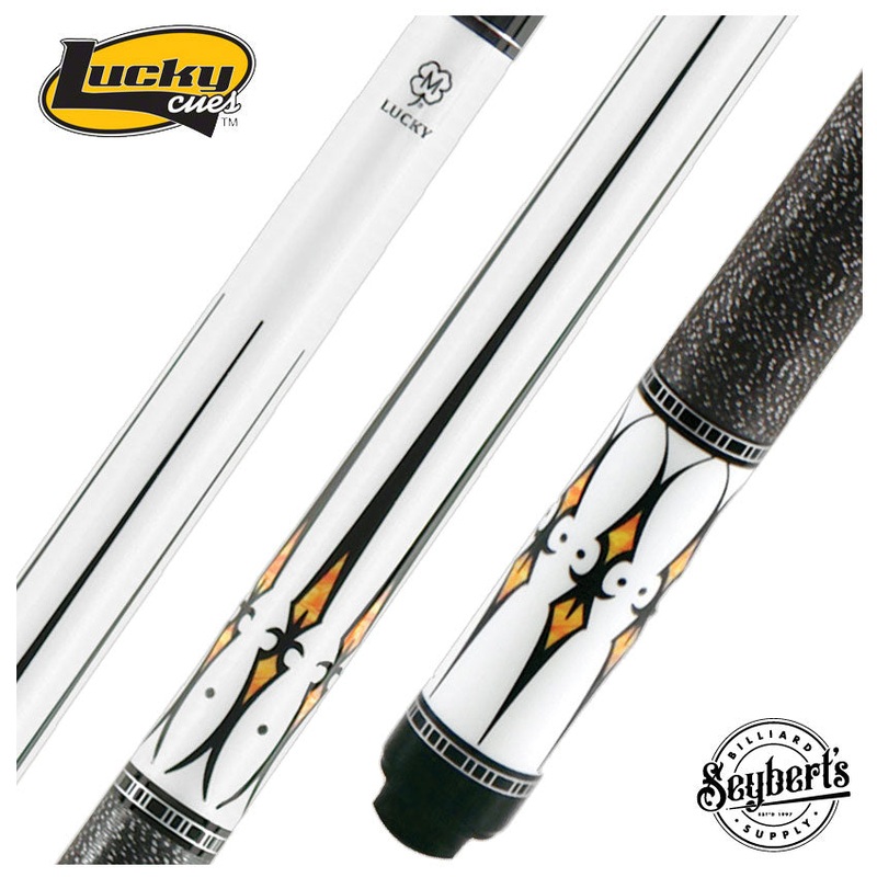 Lucky White with Black and Orange Points Graphic Pool Cue with Linen Wrap – L40