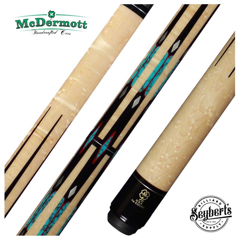 McDermott H Series Birdseye Maple Forearm with Black/Turquoise/Pewter/Red Points Pool Cue – H1050