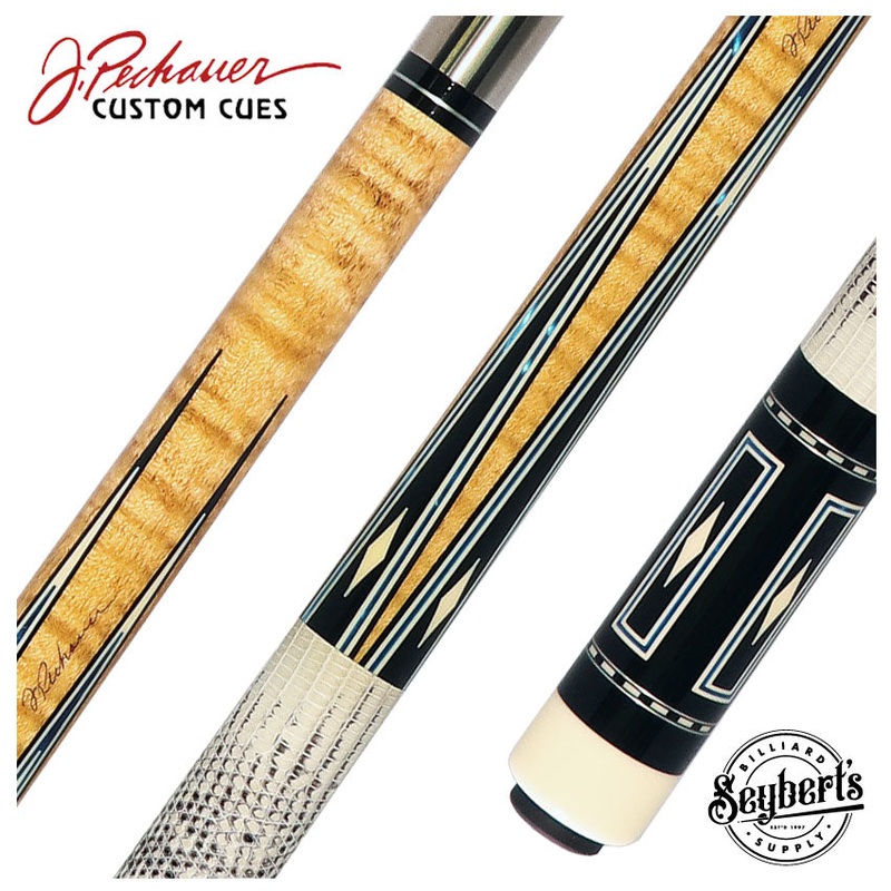 Pechauer Pro Series Natural Stained Maple with Blue Juma and Black Points Pool Cue with Genuine Ringtail Lizard Wrap