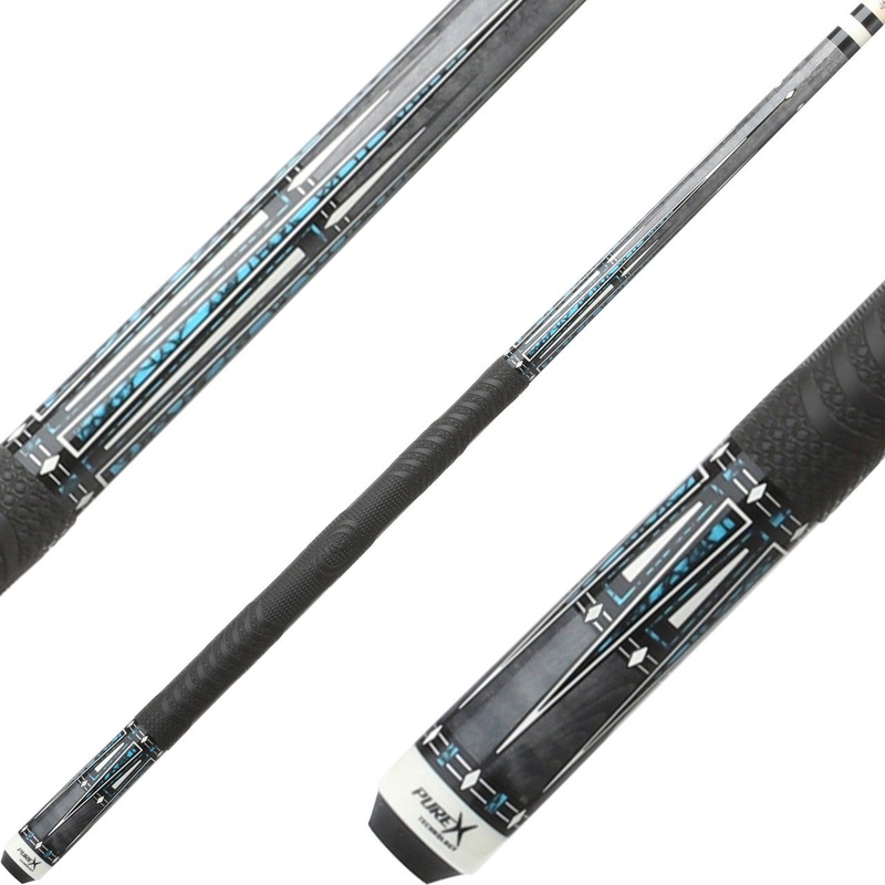 Pure X HXT69 Cue – Grey Stained Curly Maple with Imitation Bone and Blue Recon Graphic