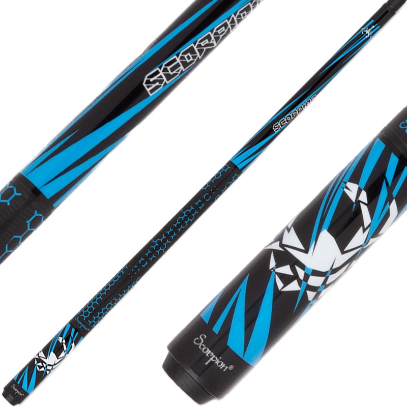 Scorpion SW30 Pool Cue – Black with Sky Blue Slanted Points