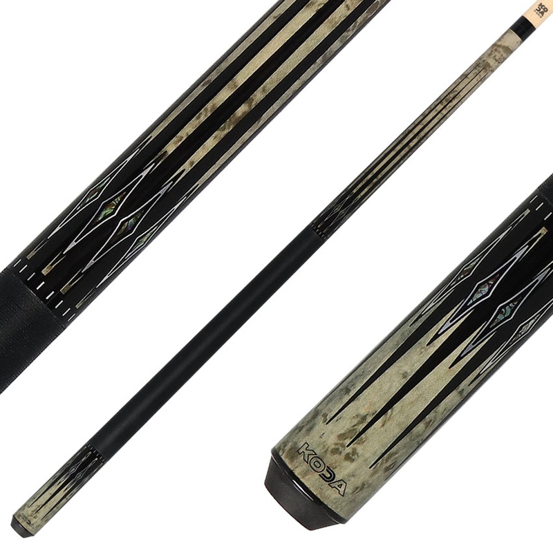 Koda KD54 Pool Cue – Gray-Stained Maple with Black and Abalone Points Graphic