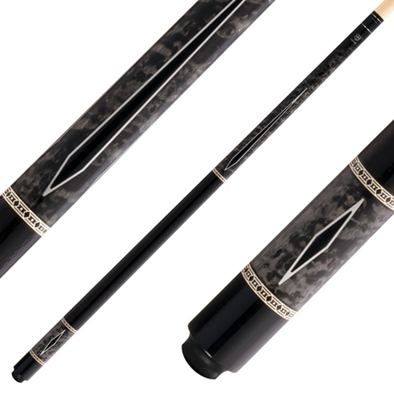 Lucky L54 Pool Cue – Gray Burl Wood with Black Points Graphic and Textured Leather Wrap