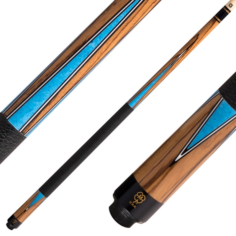 McDermott G1002 G Series Pool Cue – Zebrawood with Denim Blue Points and Textured Leather Wrap
