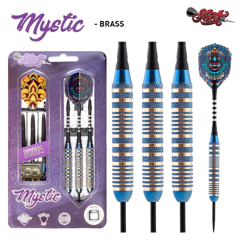 MYSTIC BLUE STEEL TIP DART SET-COLOUR PLATED BRASS BARRELS 25g
