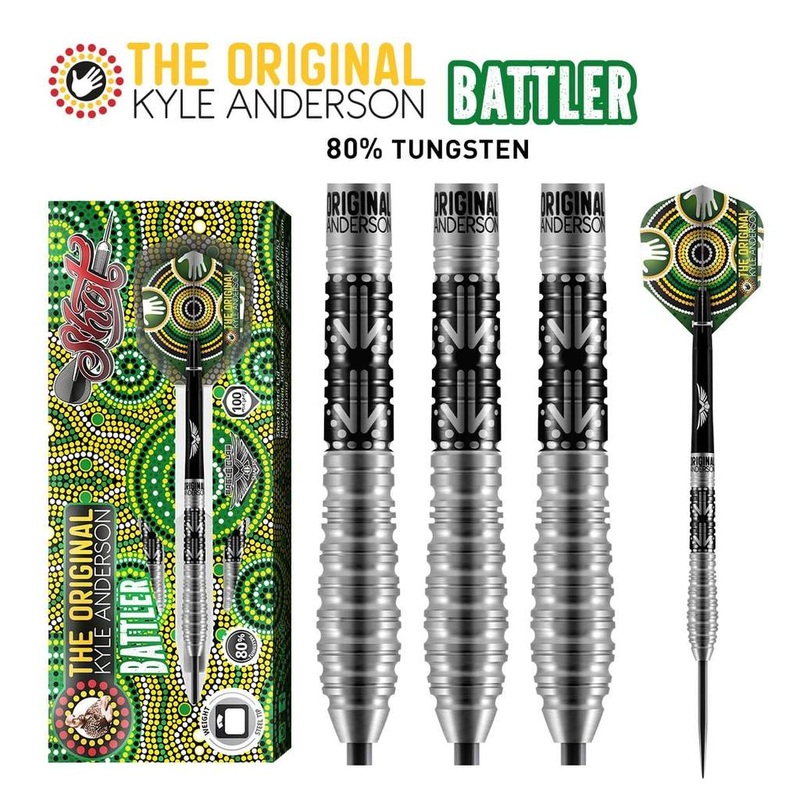 DISCONTINUEDSHOT KYLE ANDERSON BATTLER STEEL TIP DART SET-80% TUNGSTEN