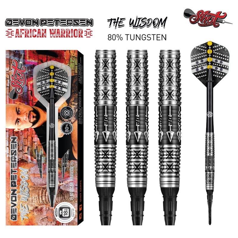 DEVON PETERSEN WISDOM SOFT TIP DART SET-80% TUNGSTEN BARRELS