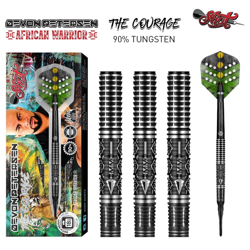 DISCONTINUED DEVON PETERSEN COURAGE SOFT TIP DART SET-90% TUNGSTEN BARRELS