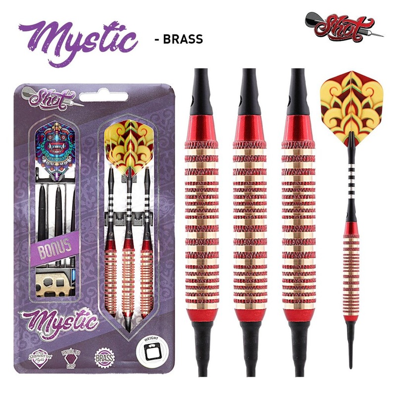MYSTIC RED SOFT TIP DART SET-COLOUR PLATED BRASS 18g