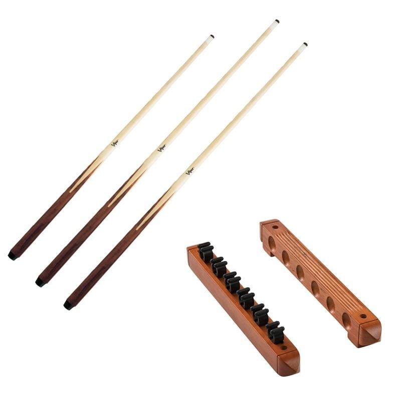 Viper One Piece 36″ Maple Bar Cue 14 Ounce, Viper One Piece 57″ Maple Bar Cue 19 Ounce, Viper One Piece 57″ Maple Bar Cue 20 Ounce, and Fat Cat Oak 6 Cue 2-Piece Wall Cue Rack