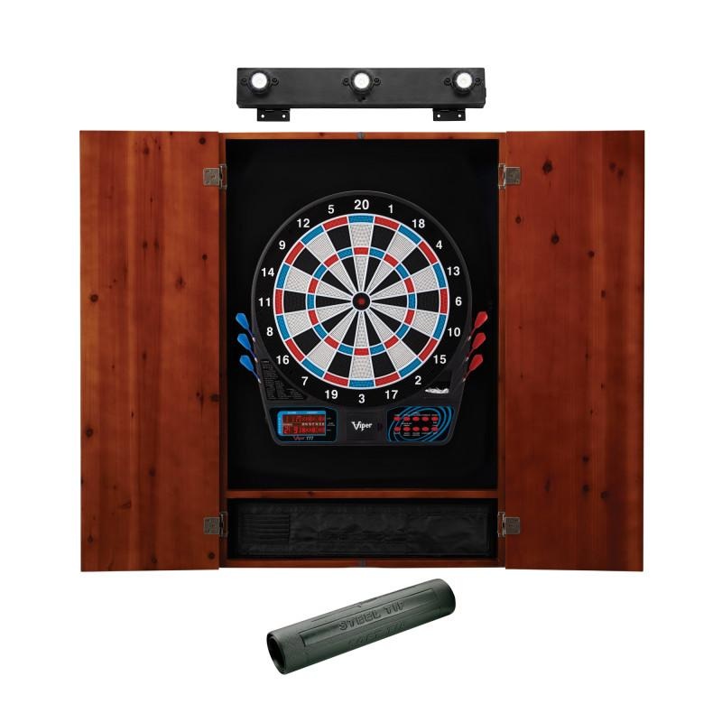 Viper 777 Electronic Dartboard, Metropolitan Cinnamon Cabinet, Dart Mat & Shadow Buster Dartboard Light Bundle