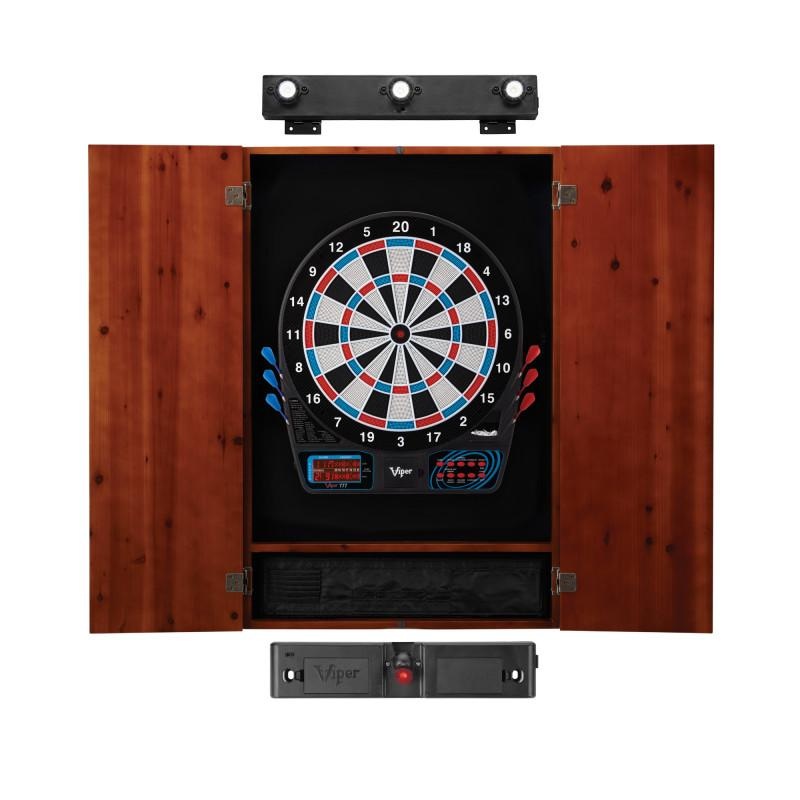 Viper 777 Electronic Dartboard, Metropolitan Cinnamon Cabinet, Laser Throw Line & Shadow Buster Dartboard Light Bundle