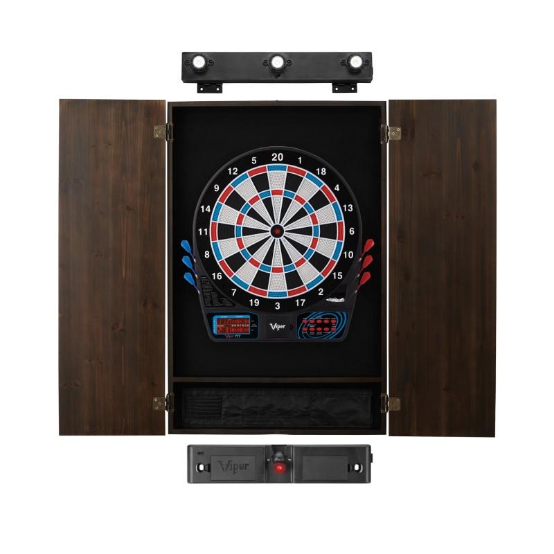 Viper 777 Electronic Dartboard, Metropolitan Espresso Cabinet, Laser Throw Line & Shadow Buster Dartboard Light Bundle