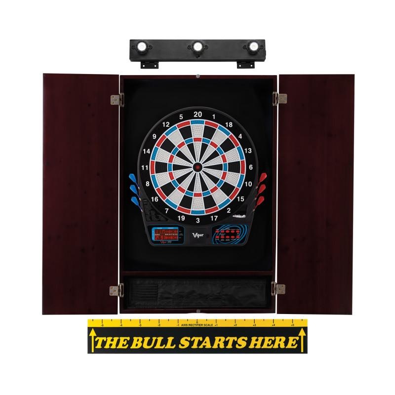 Viper 777 Electronic Dartboard, Metropolitan Mahogany Cabinet, “The Bull Starts Here” Throw Line Marker & Shadow Buster Dartboard Lights