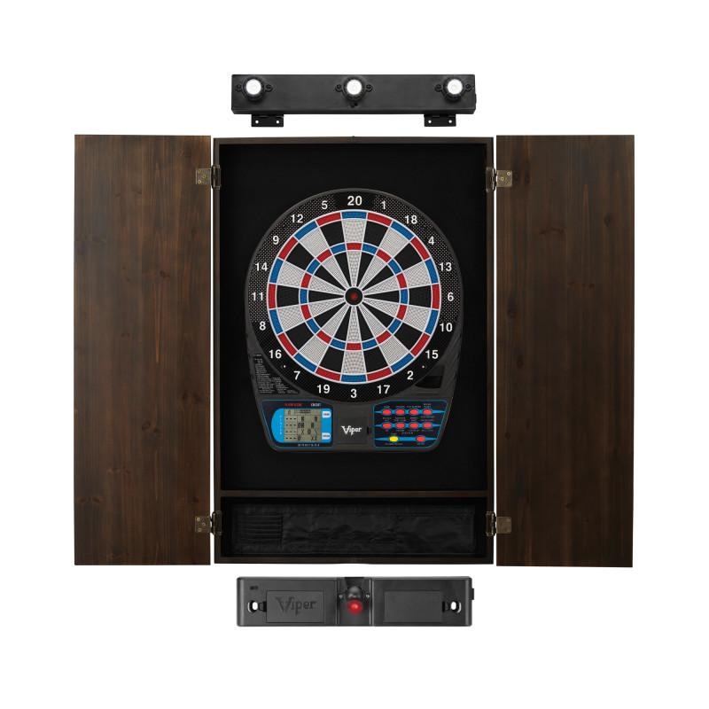 Viper 787 Electronic Dartboard, Metropolitan Espresso Cabinet, Laser Throw Line & Shadow Buster Dartboard Light Bundle