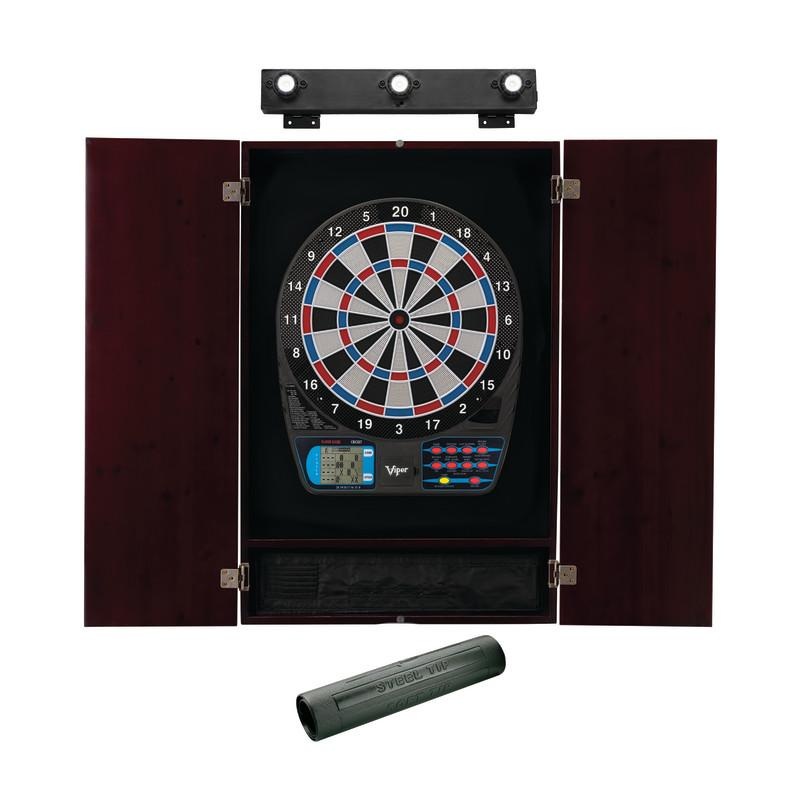 Viper 787 Electronic Dartboard, Metropolitan Mahogany Cabinet, Padded Dart MAt & Shadow Buster Dartboard Lights