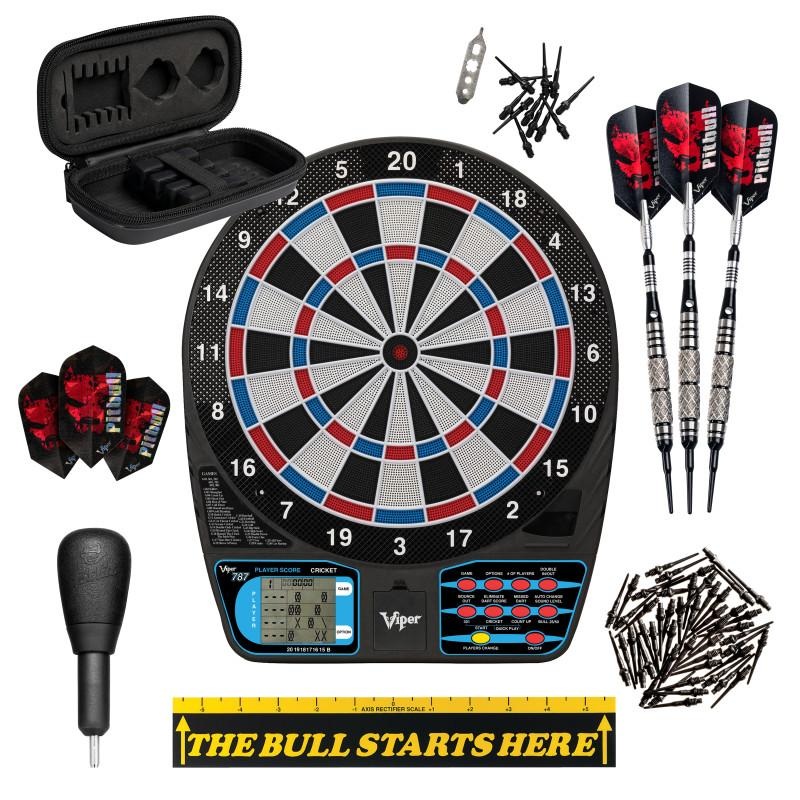 Viper 787 Electronic Dartboard, Pitbull Soft Tip Darts, 50ct Dart Tips, “The Bull Starts Here” Throw Line Marker & Tip Remover Tool