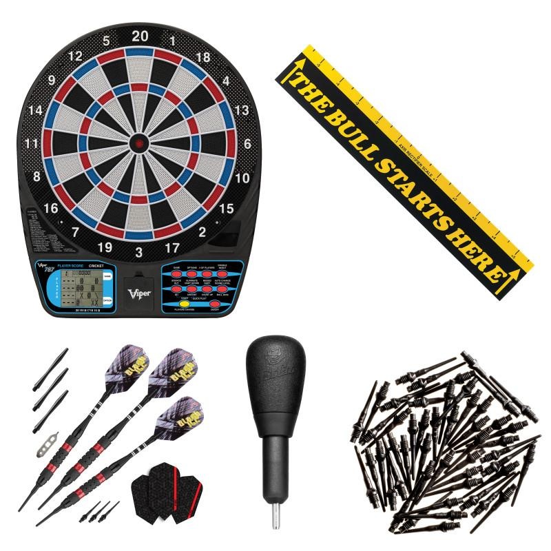 Viper 787 Electronic Dartboard, “The Bull Starts Here” Throw Line Marker, Black Ice Red 18g Soft Tip Darts, Dart Tip Remover Tool & Tufflex II Black Dart Tips