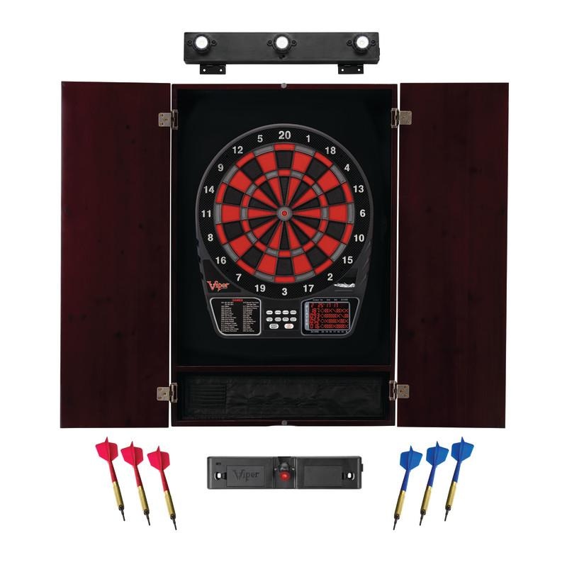 Viper 797 Electronic Dartboard, Metropolitan Mahogany Cabinet, Laser Throw Line Marker & Shadow Buster Dartboard Lights