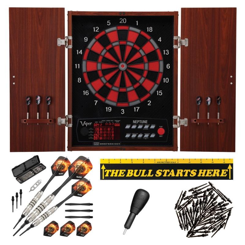 Viper Neptune Electronic Dartboard, “The Bull Starts Here” Throw Line Marker, Blazer 16g Soft Tip Darts, Dart Tip Remover Tool & Tufflex II Black Dart Tips