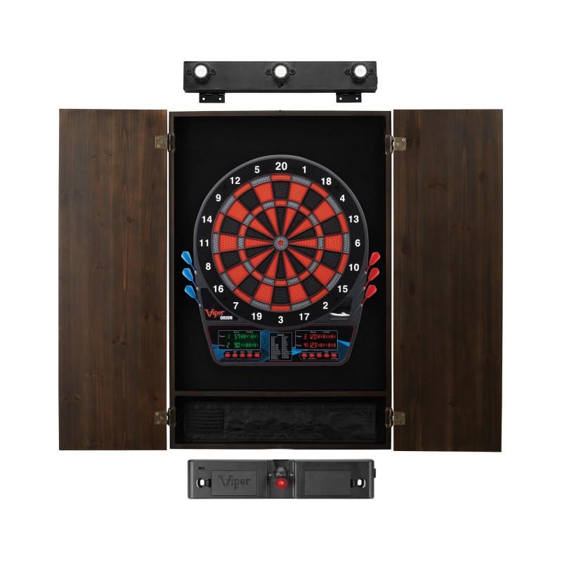 Viper Orion Electronic Dartboard, Metropolitan Espresso Cabinet, Laser Throw Line & Shadow Buster Dartboard Light Bundle