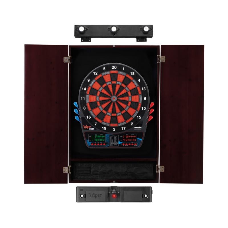 Viper Orion Electronic Dartboard, Metropolitan Mahogany Cabinet, Laser Throw Line & Shadow Buster Dartboard Light Bundle