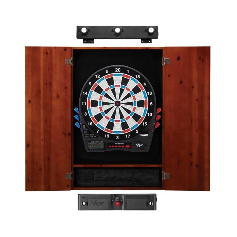 Viper Showdown Electronic Dartboard, Metropolitan Cinnamon Cabinet, Laser Throw Line & Shadow Buster Dartboard Light Bundle