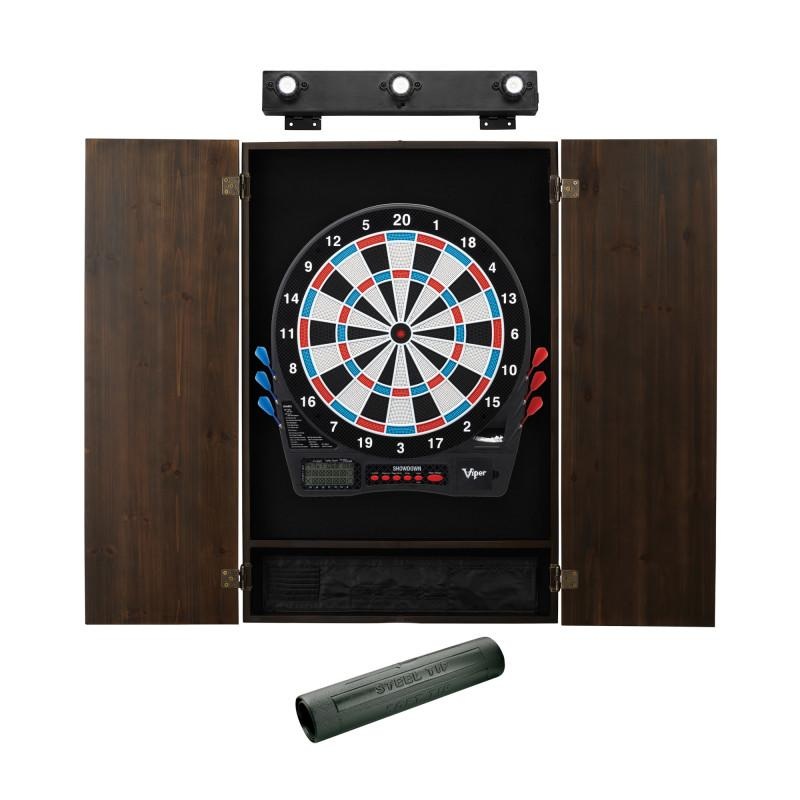 Viper Showdown Electronic Dartboard, Metropolitan Espresso Cabinet, Dart Mat & Shadow Buster Dartboard Light Bundle