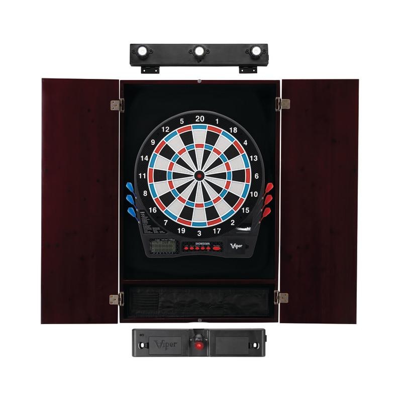 Viper Showdown Electronic Dartboard, Metropolitan Mahogany Cabinet, Laser Throw Line Marker & Shadow Buster Dartboard Lights