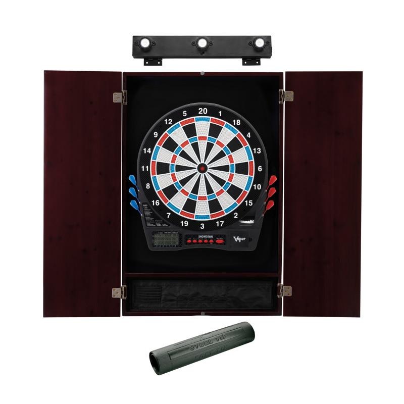 Viper Showdown Electronic Dartboard, Metropolitan Mahogany Cabinet, Padded Dart MAt & Shadow Buster Dartboard Lights