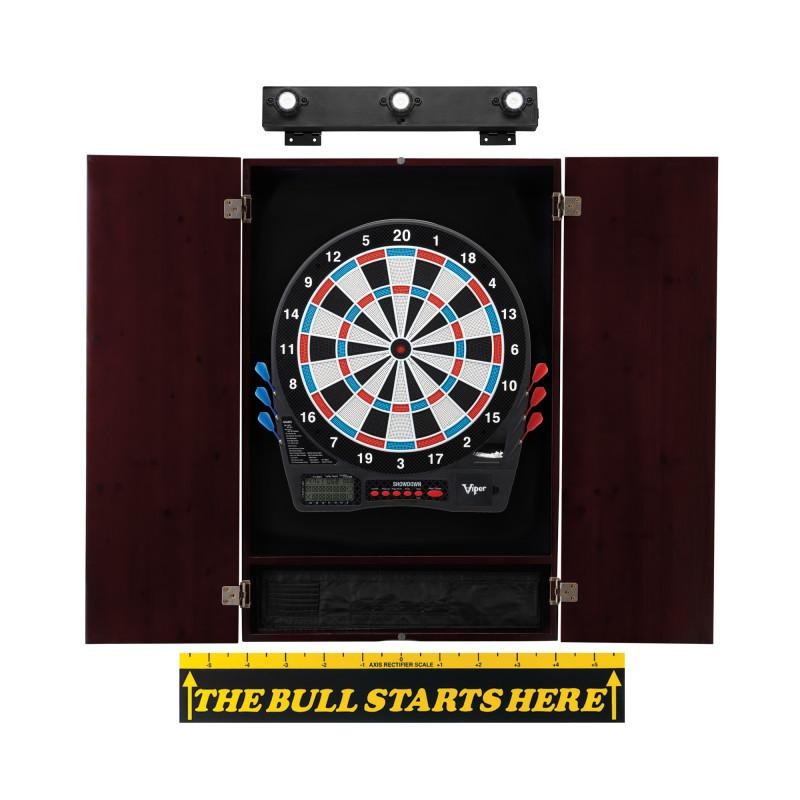 Viper Showdown Electronic Dartboard, Metropolitan Mahogany Cabinet, “The Bull Starts Here” Throw Line Marker & Shadow Buster Dartboard Lights