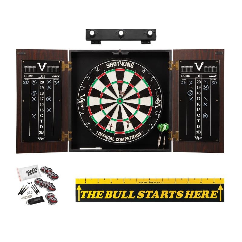 Viper Stadium Cabinet with Shot King Sisal Dartboard, Shadow Buster Dartboard Lights, “The Bull Starts Here” Throw Line Marker & Steel Tip Dart Accessories Kit