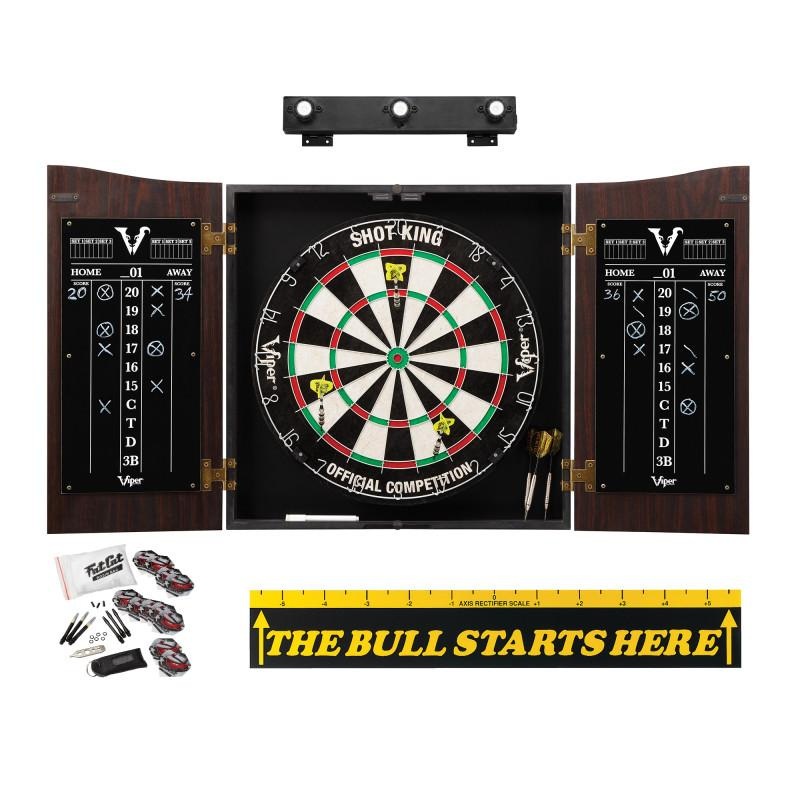 Viper Vault Cabinet with Shot King Sisal Dartboard, Shadow Buster Dartboard Lights, Steel Tip Dart Accessories Kit & “The Bull Starts Here” Throw Line Marker