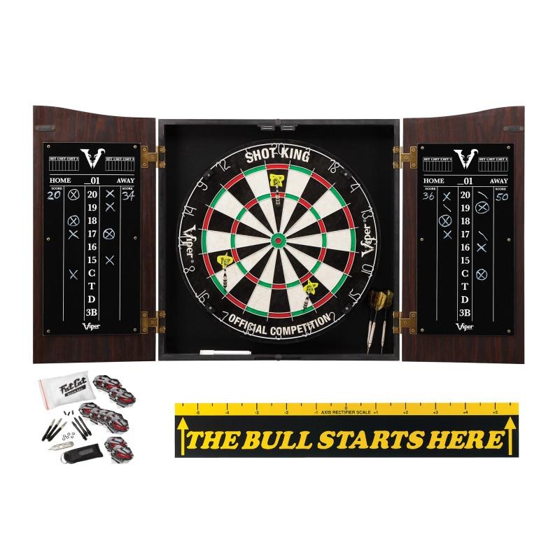 Viper Vault Cabinet with Shot King Sisal Dartboard, Steel Tip Dart Accessories Kit & “The Bull Starts Here” Throw Line Marker