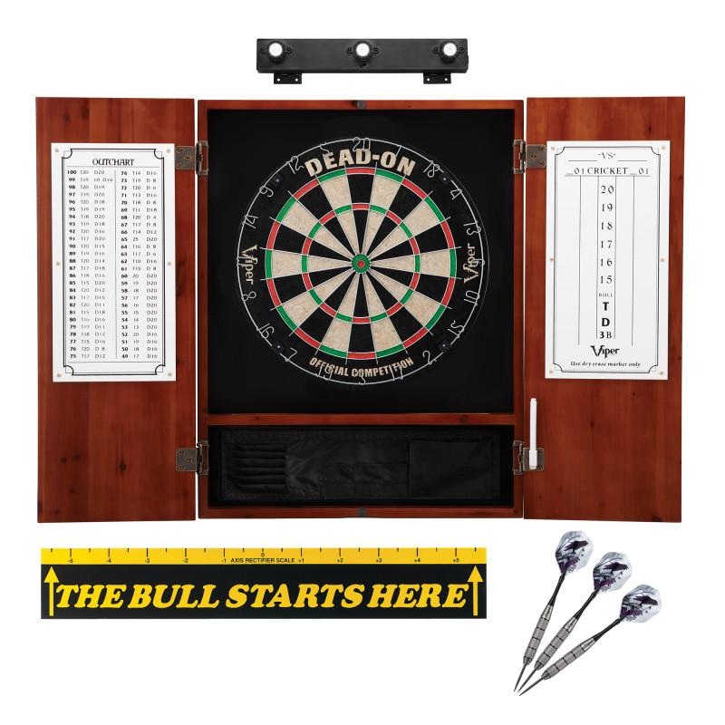 Viper Dead On Sisal Dartboard, Metropolitan Cinnamon Cabinet, Shadow Buster Dartboard Lights & “The Bull Starts Here” Throw Line Marker