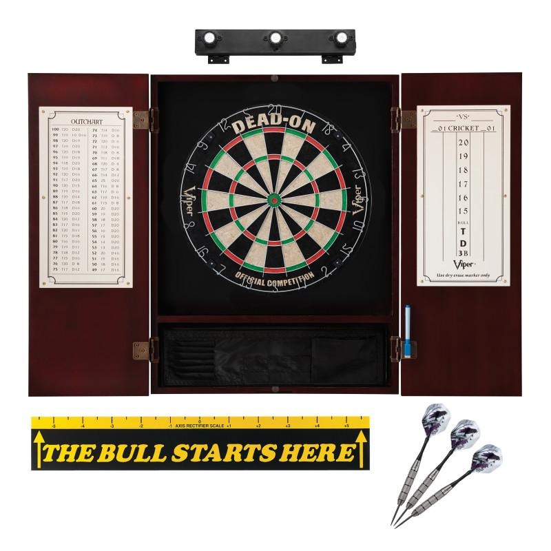 Viper Dead On Sisal Dartboard, Metropolitan Mahogany Cabinet, Shadow Buster Dartboard Lights & “The Bull Starts Here” Throw Line Marker