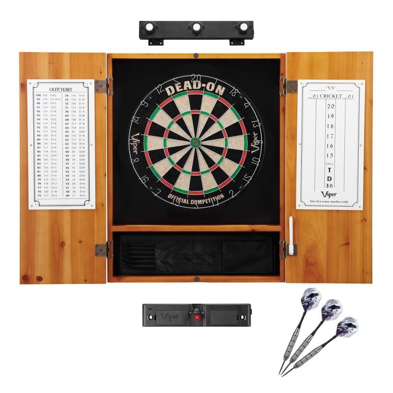 Viper Dead On Sisal Dartboard, Metropolitan Oak Cabinet, Shadow Buster Dartboard Lights & Laser Throw Line Marker