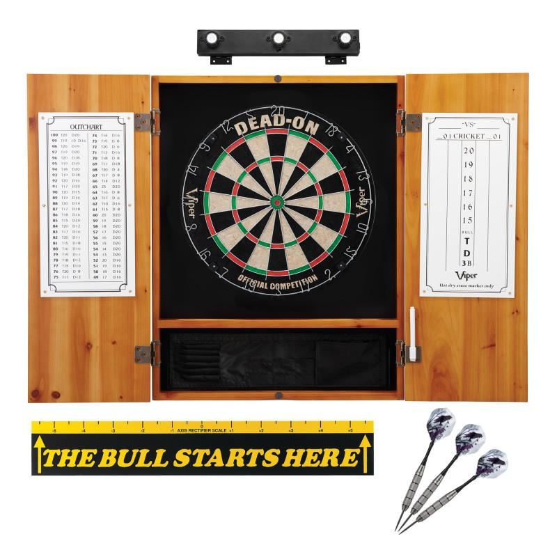 Viper Dead On Sisal Dartboard, Metropolitan Oak Cabinet, Shadow Buster Dartboard Lights & “The Bull Starts Here” Throw Line Marker